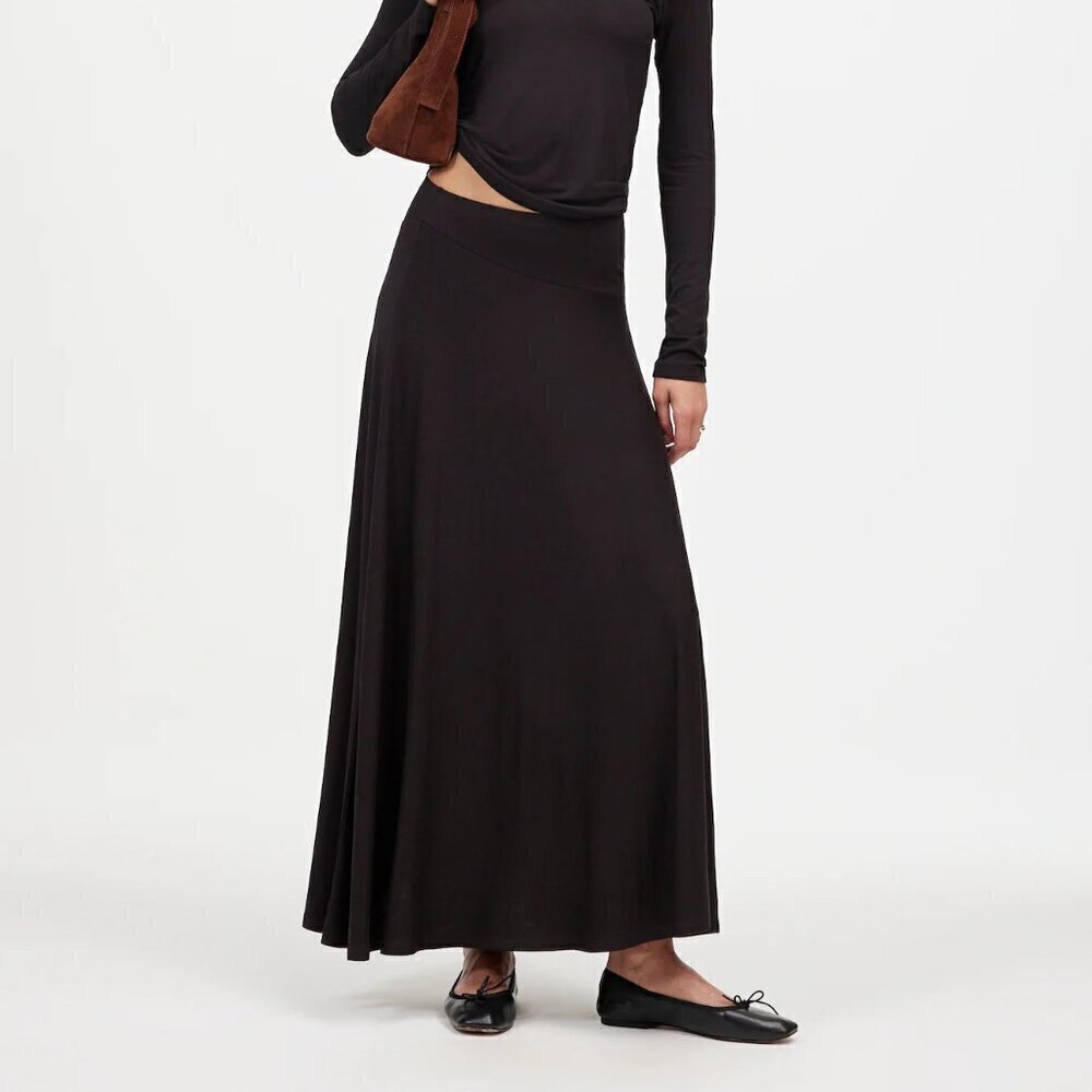 Madewell Flowy Jersey Asymmetric Seam Midi Skirt Black Pull On Stretch S NWT